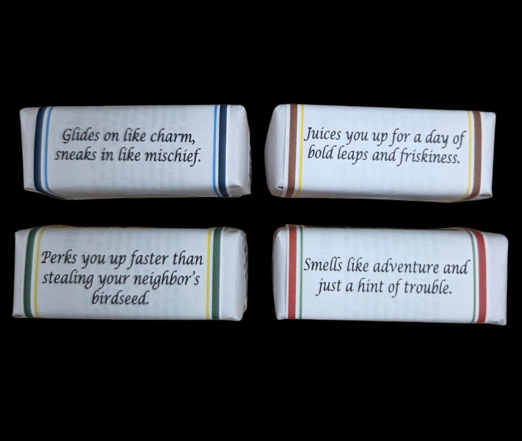 Side label of our different bath soaps.