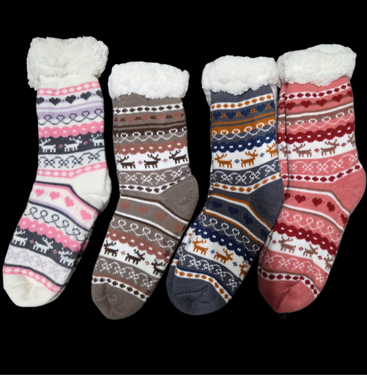 Socks - Fleece-Lined, No Slip Snowflake and Reindeer Design for Women in Assorted Sizes