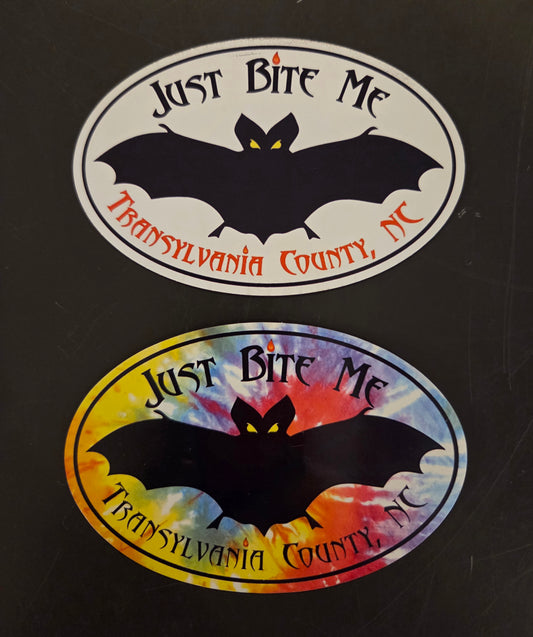 Decal/Sticker - Just Bite Me Bat Decal - Transylvania County NC - Large 6"  and Small 2.5" Gothic Oval Sticker