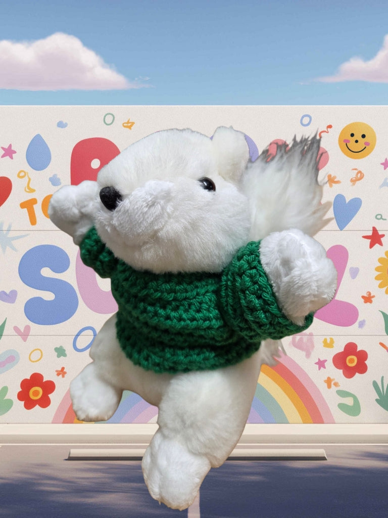 Stuffed Animal - Large Plush White Squirrel with Black Nose Wearing a Sweater
