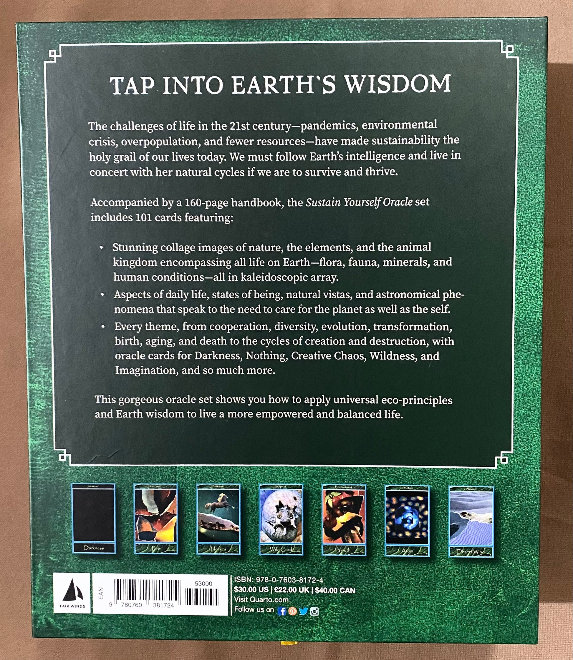 Back cover of Sustain Yourself Oracle by James Wanless showing 7 sample oracle cards including Darkness, and description of the 101-card set and 160-page handbook