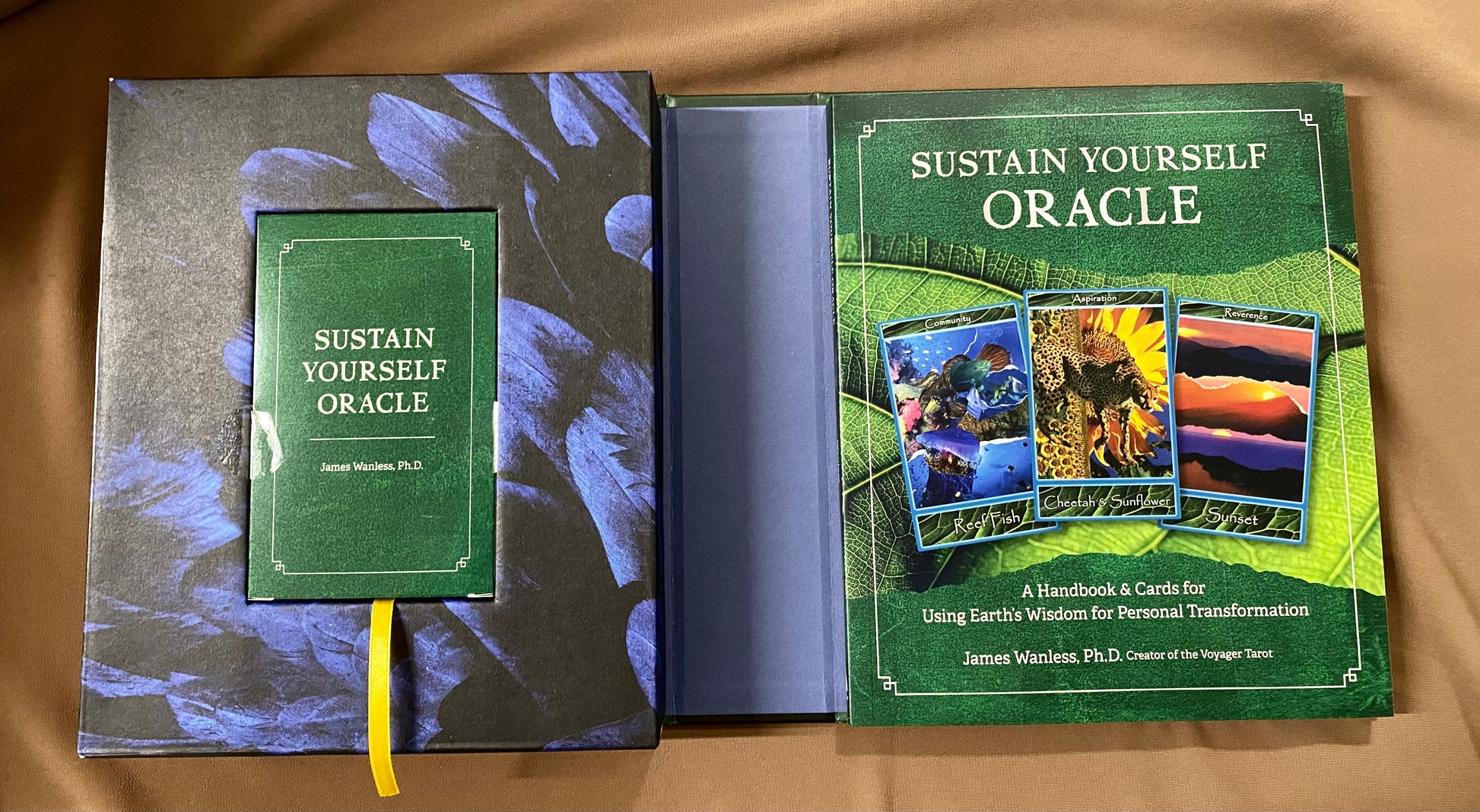 Sustain Yourself Oracle set open showing the handbook with ribbon bookmark and card deck box by James Wanless PhD, a handbook and cards for using Earth's wisdom for personal transformation
