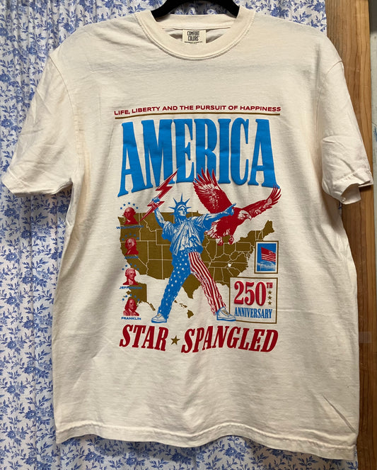 T-Shirt - Adult - America Star Spangled Fourth of the July 250th Anniversary Life, Liberty and the Pursuit of Happiness Crew Neck Short Sleeve Tee