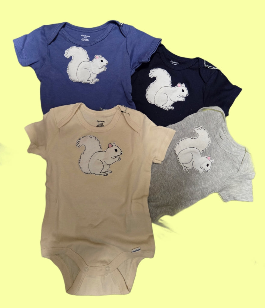 T-Shirt - Baby - Onesie with Individual Appliqued White Squirrel in Various Colors