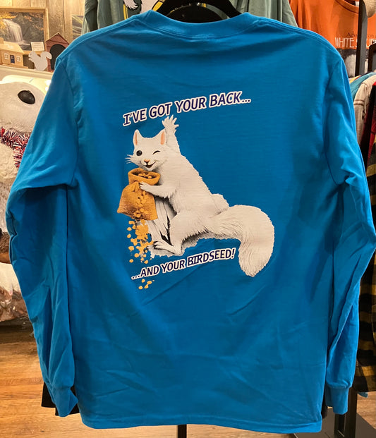 T-Shirt - Adult - I've Got Your Back & Birdseed - Long Sleeve Crew Neck in Sapphire Blue