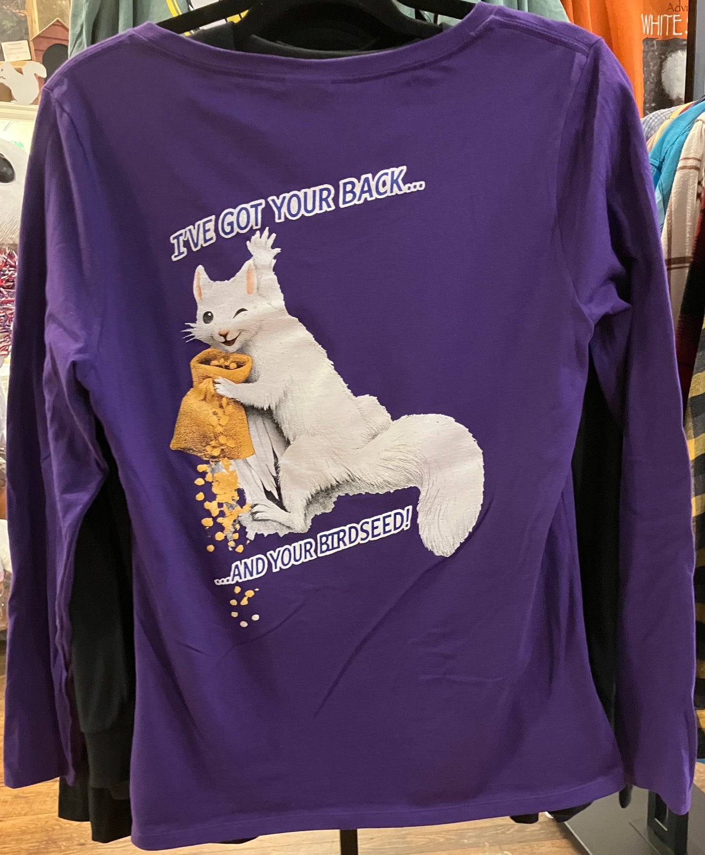 T-Shirt - Women's - I've Got Your Back & Birdseed - Long Sleeve V-Neck in Purple