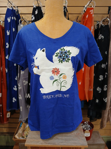 T-Shirt - Ladies - Floral White Squirrel - Short Sleeve V-Neck in Heathered Royal Blue