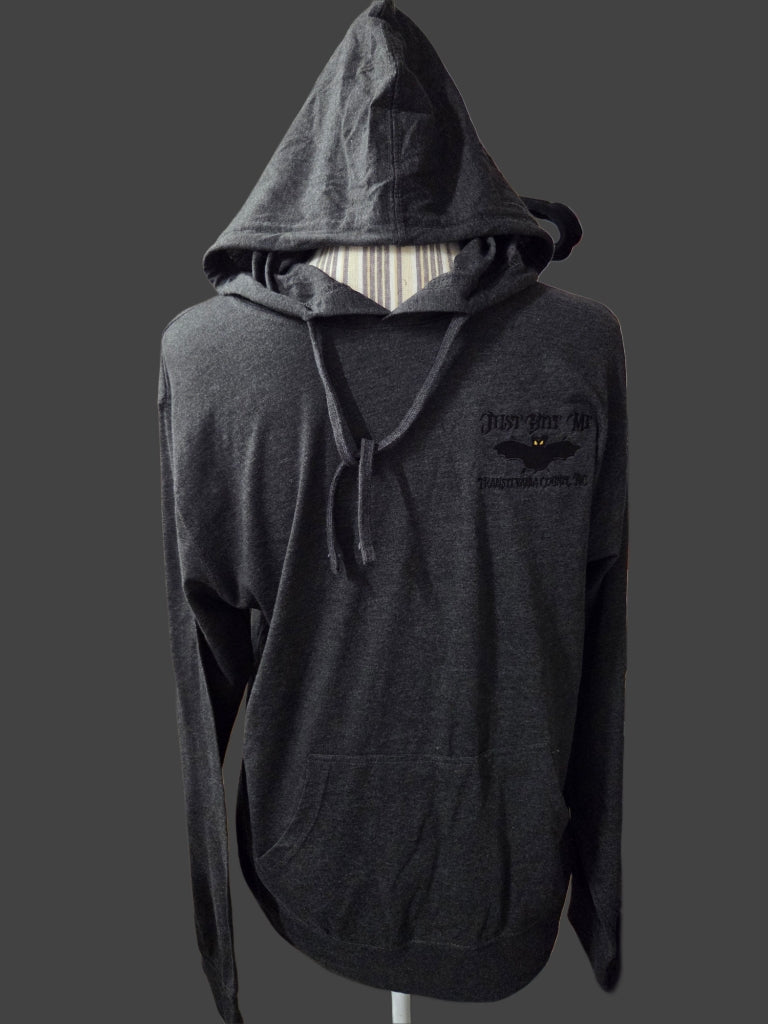 Long sleeve hooded Just Bite Me t-shirt in dark gunmetal.