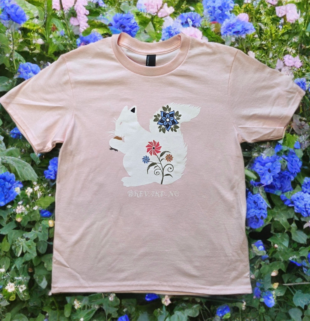T-Shirt - Kids - Youth - Floral White Squirrel - Short Sleeve Crew Neck in Pink
