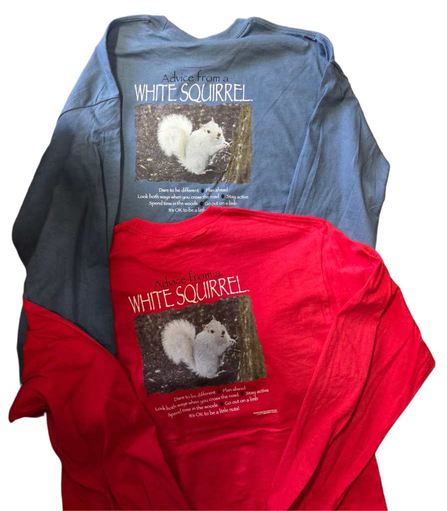 Two hoodies, one blue and one red, with a graphic of a white squirrel and text on the back.
