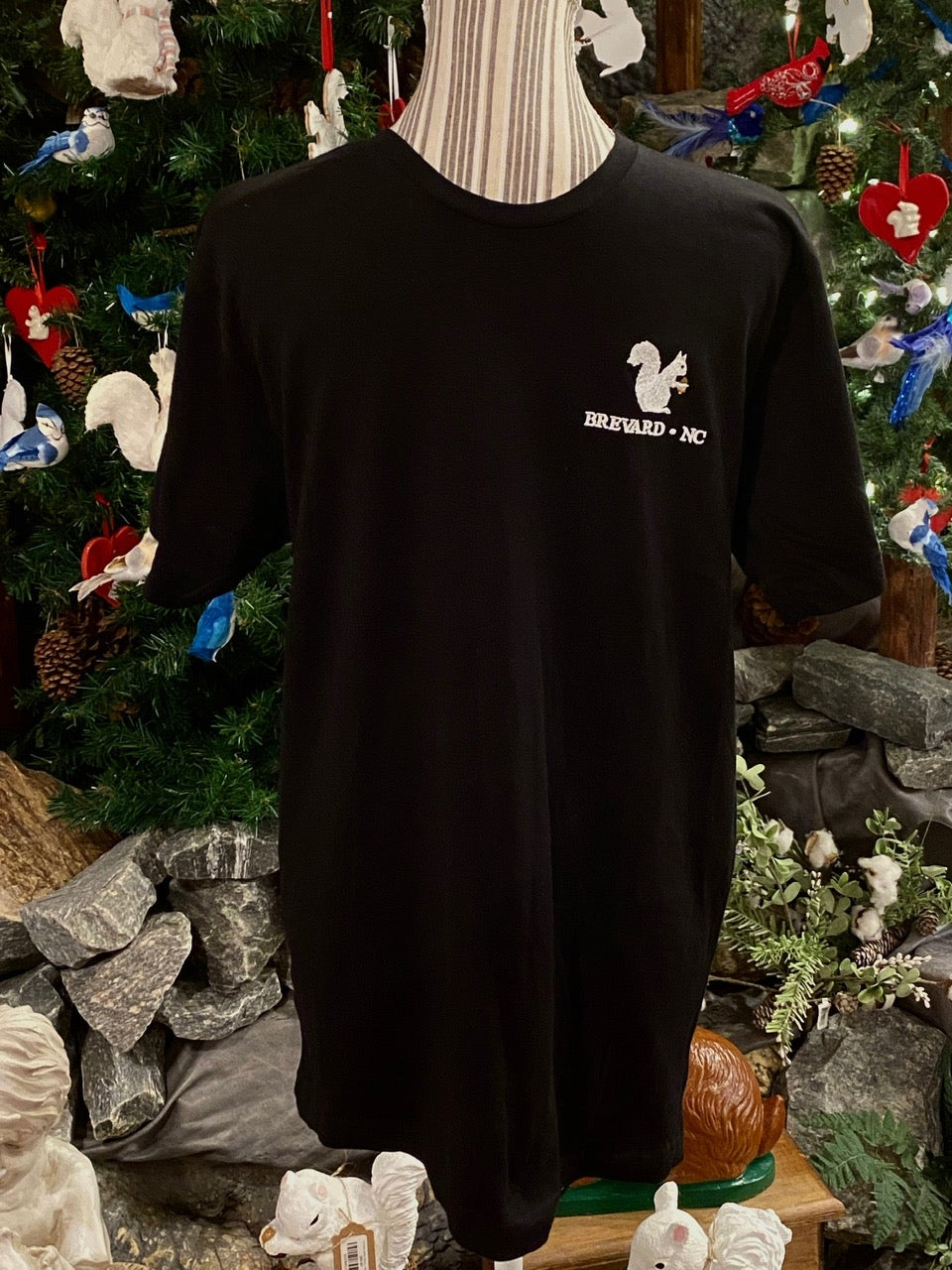 A black short sleeve crew neck t-shirt with an embroidered white squirrel and the text 'Brevard, NC' on the front