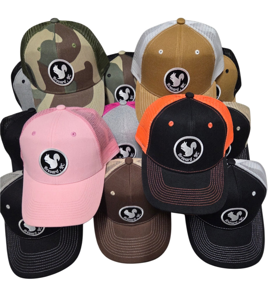 Trucker Hats - Structured with Mesh Snap Back with Various Patches of White Squirrels and Brevard, NC