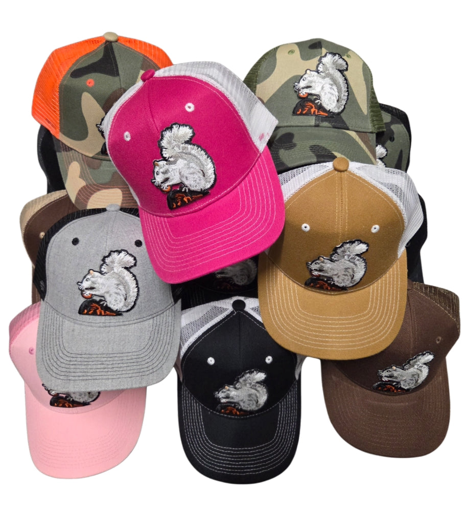 Trucker Hats - Structured with Mesh Snap Back with Various Patches of White Squirrels and Brevard, NC