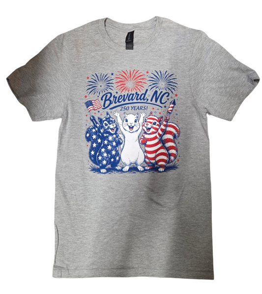 T-Shirt Adult Red, White Squirrel and Blue Fourth of the July Design for 250 years USA