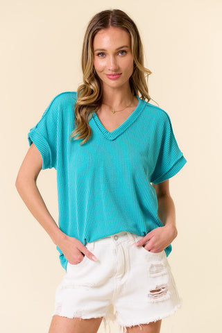 Clothing - Top - For Ladies -  Ribbed Texture with V-Neck and Banded Short Sleeves