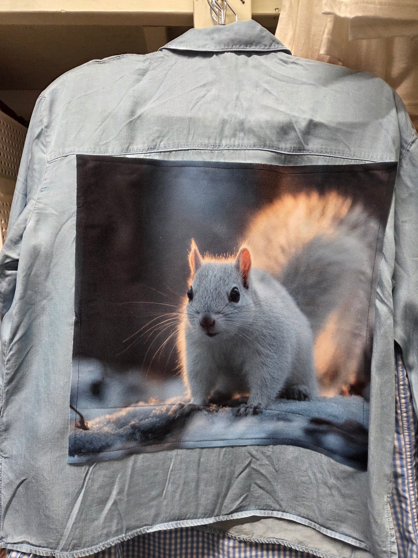 Shirt - Vintage Flannel or Cotton Shirt with Winter or Fall White Squirrel Panel on the Back - Locally Made