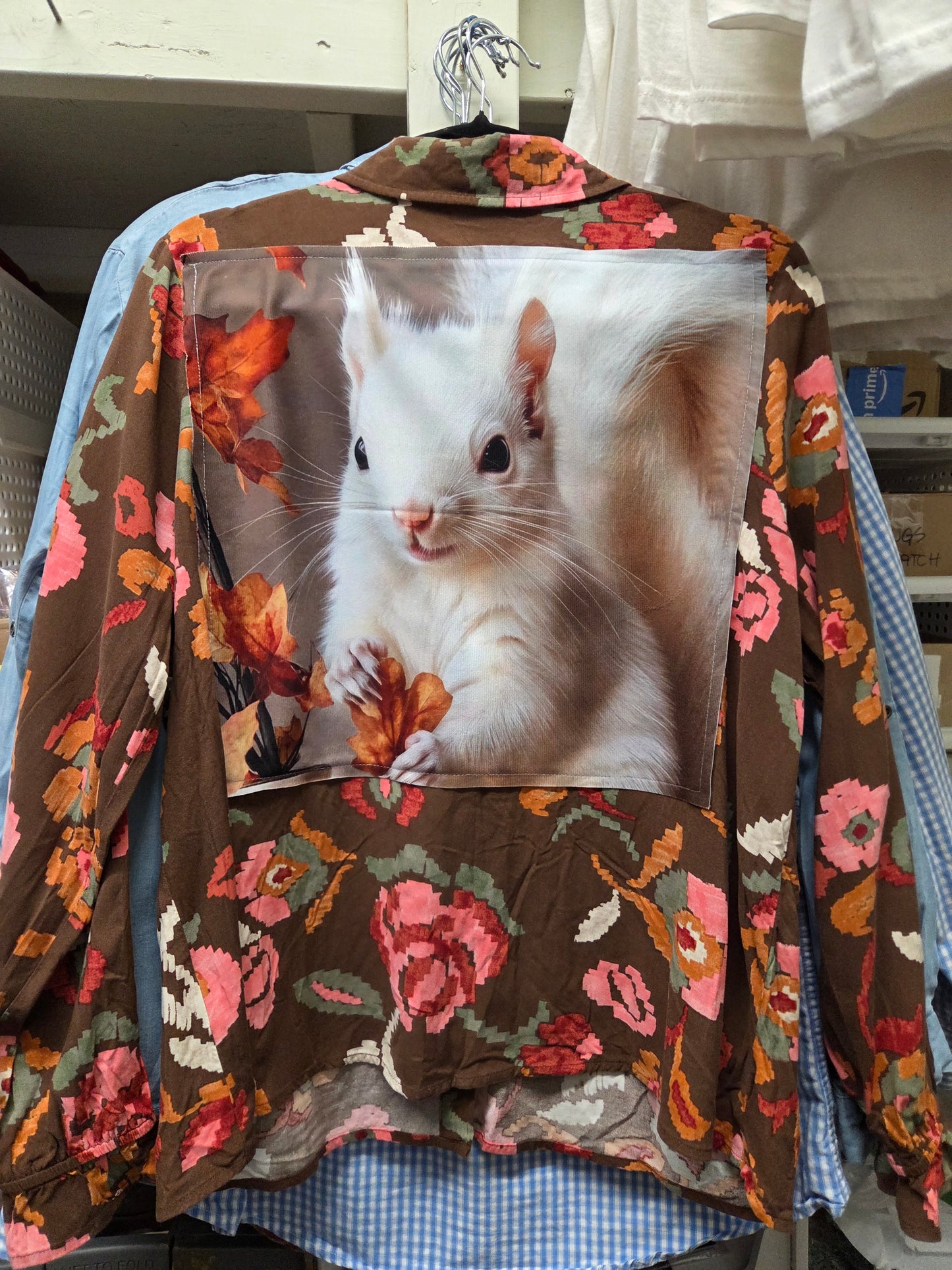 Shirt - Vintage Flannel or Cotton Shirt with Winter or Fall White Squirrel Panel on the Back - Locally Made