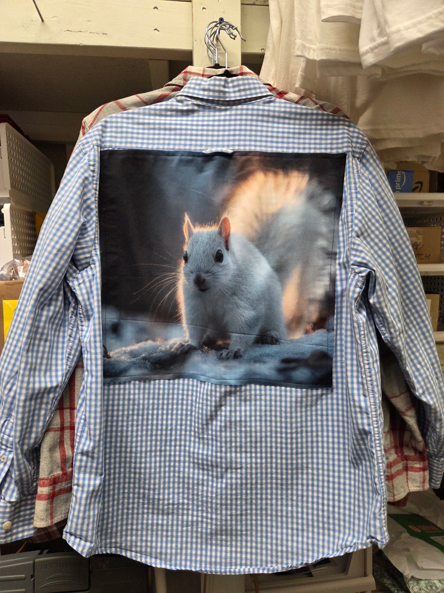 Shirt - Vintage Flannel or Cotton Shirt with Winter or Fall White Squirrel Panel on the Back - Locally Made