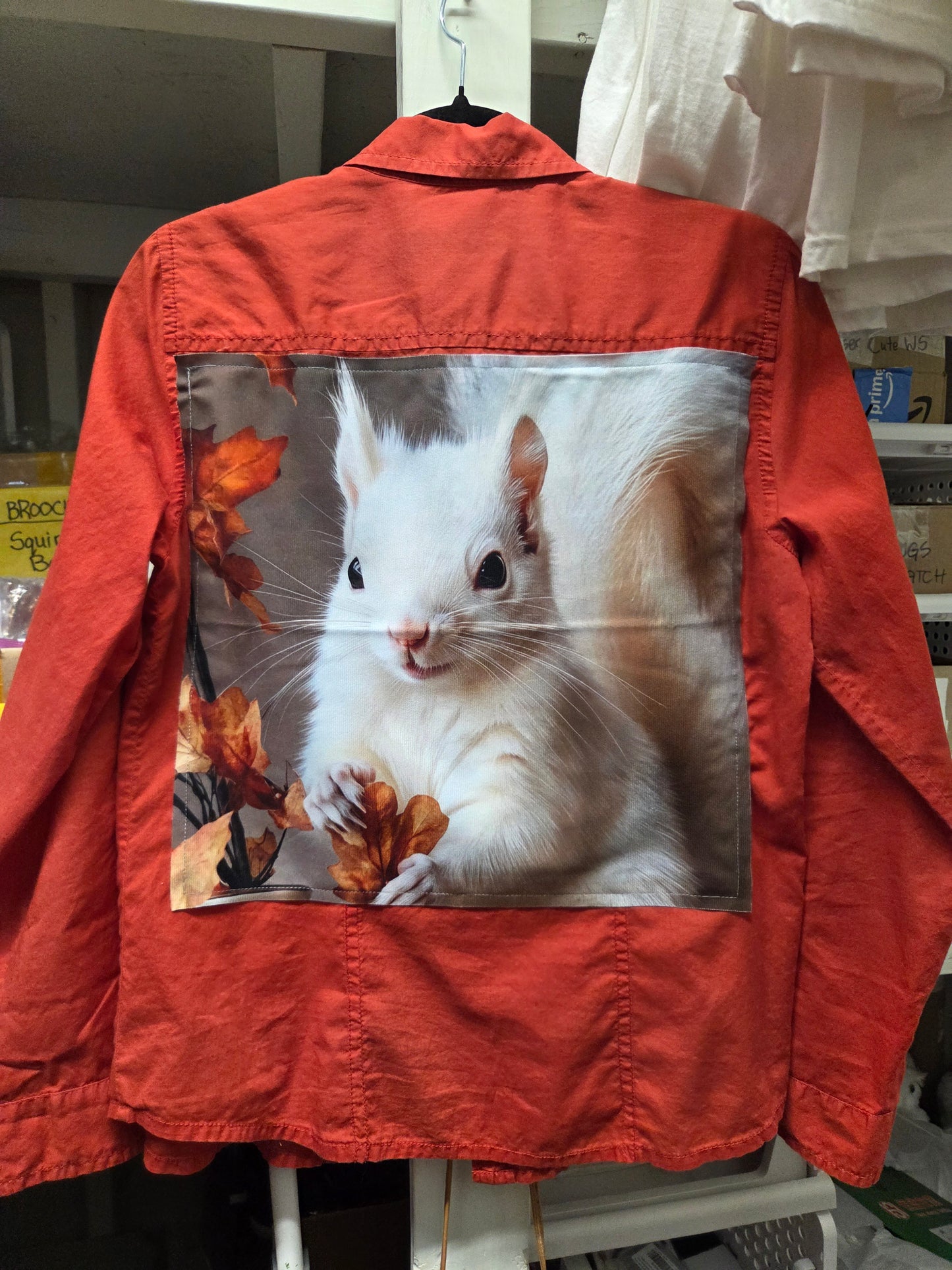 Shirt - Vintage Flannel or Cotton Shirt with Winter or Fall White Squirrel Panel on the Back - Locally Made