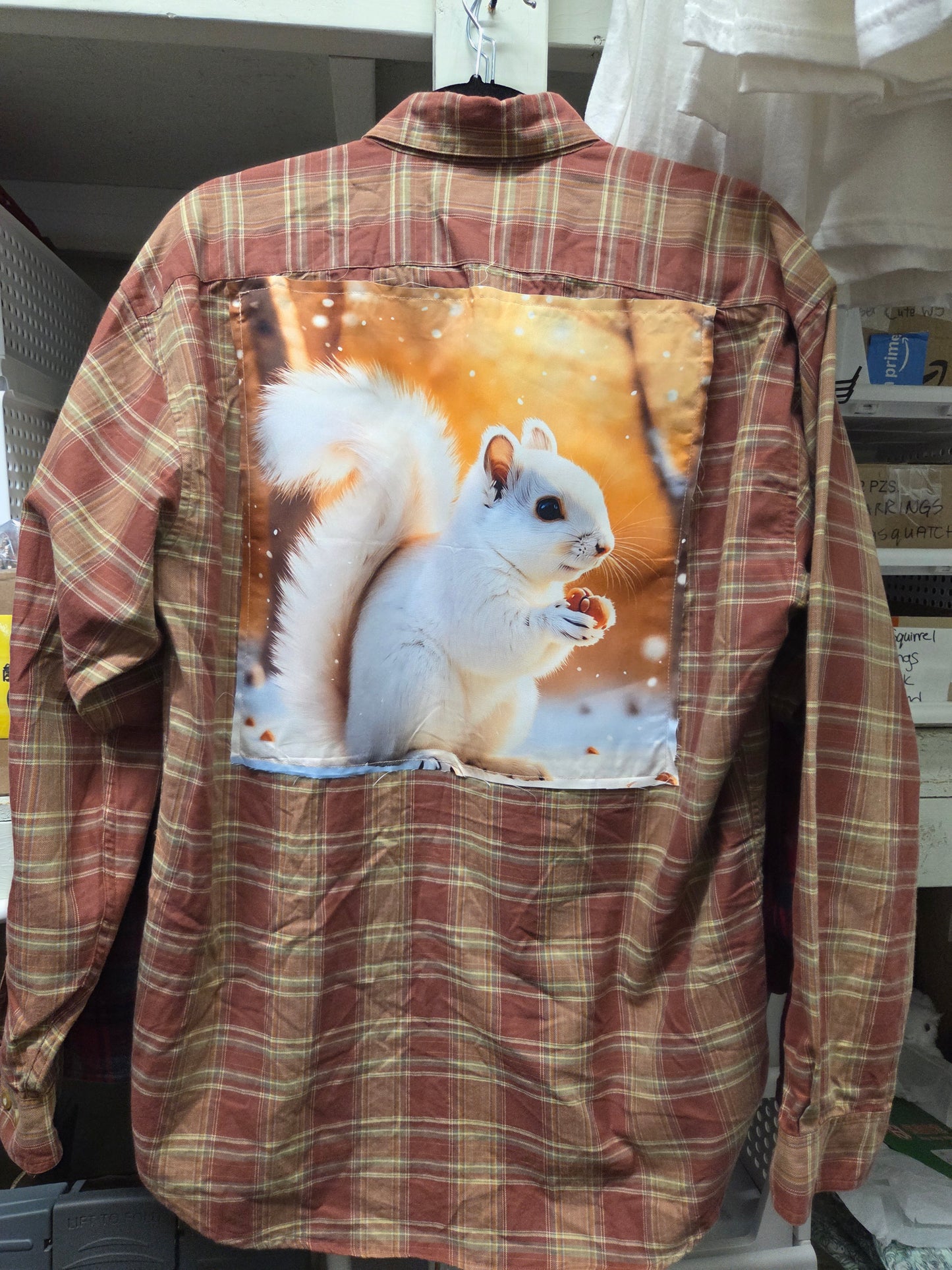 Shirt - Vintage Flannel or Cotton Shirt with Winter or Fall White Squirrel Panel on the Back - Locally Made