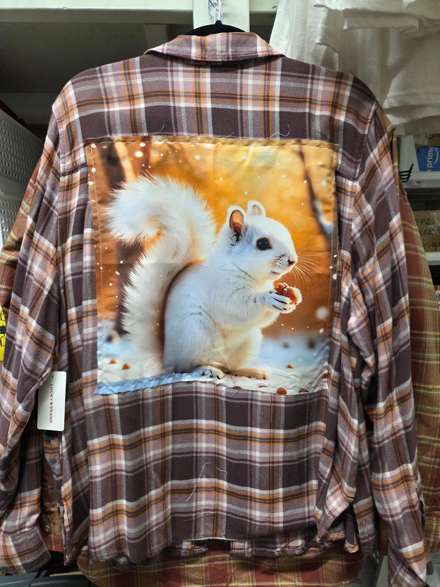 Shirt - Vintage Flannel or Cotton Shirt with Winter or Fall White Squirrel Panel on the Back - Locally Made