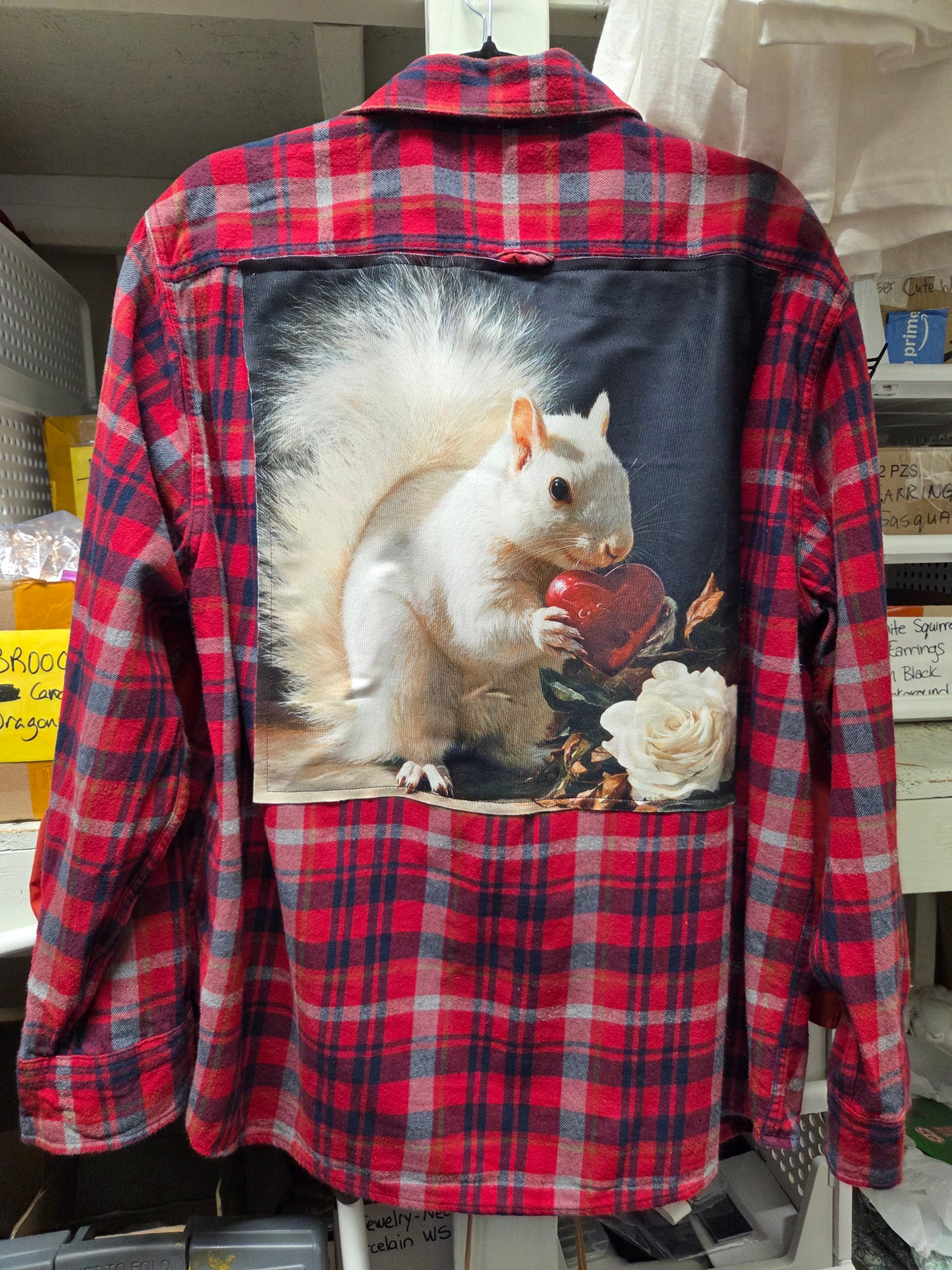 Shirt - Vintage Flannel or Cotton Shirt with Winter or Fall White Squirrel Panel on the Back - Locally Made