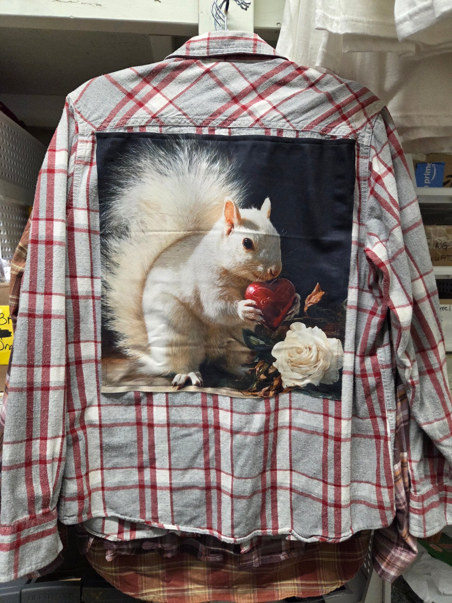 Shirt - Vintage Flannel or Cotton Shirt with Winter or Fall White Squirrel Panel on the Back - Locally Made