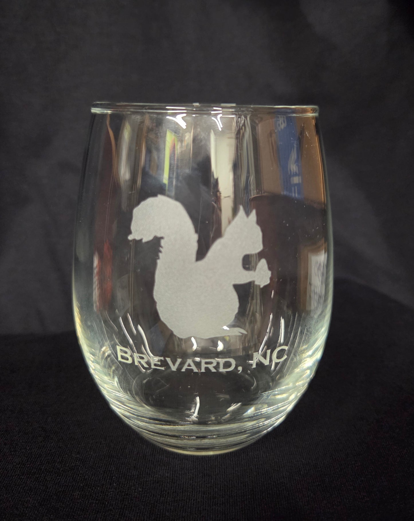 Drinkware - Wine Glass Etched with the White Squirrel and Brevard, NC 21 and 15 ounces
