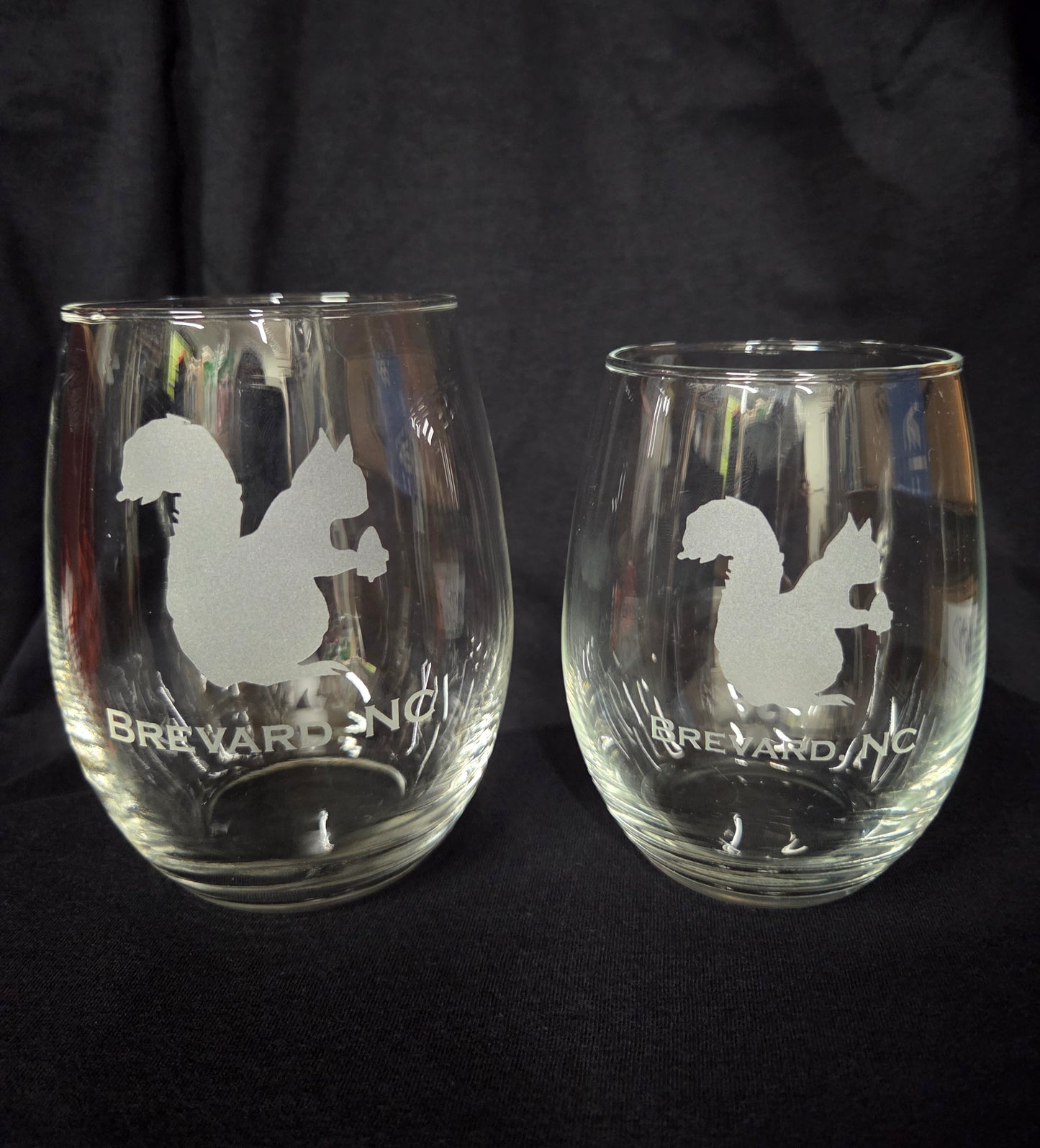 Drinkware - Wine Glass Etched with the White Squirrel and Brevard, NC 21 and 15 ounces