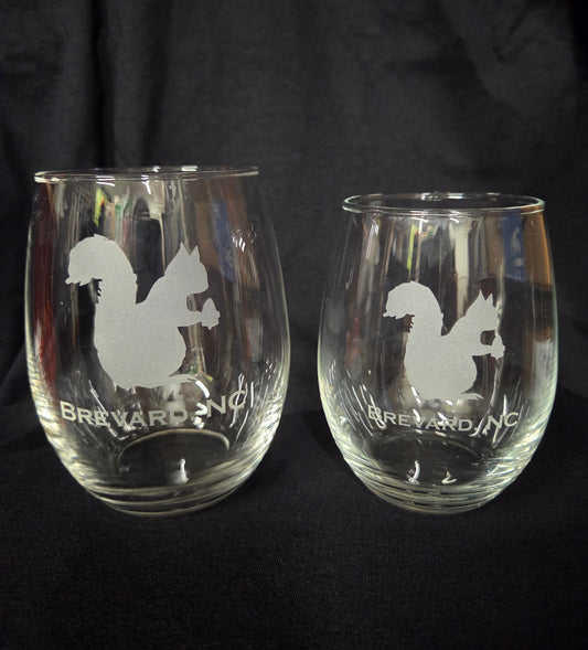 Drinkware - Wine Glass Etched with the White Squirrel and Brevard, NC 21 and 15 ounces