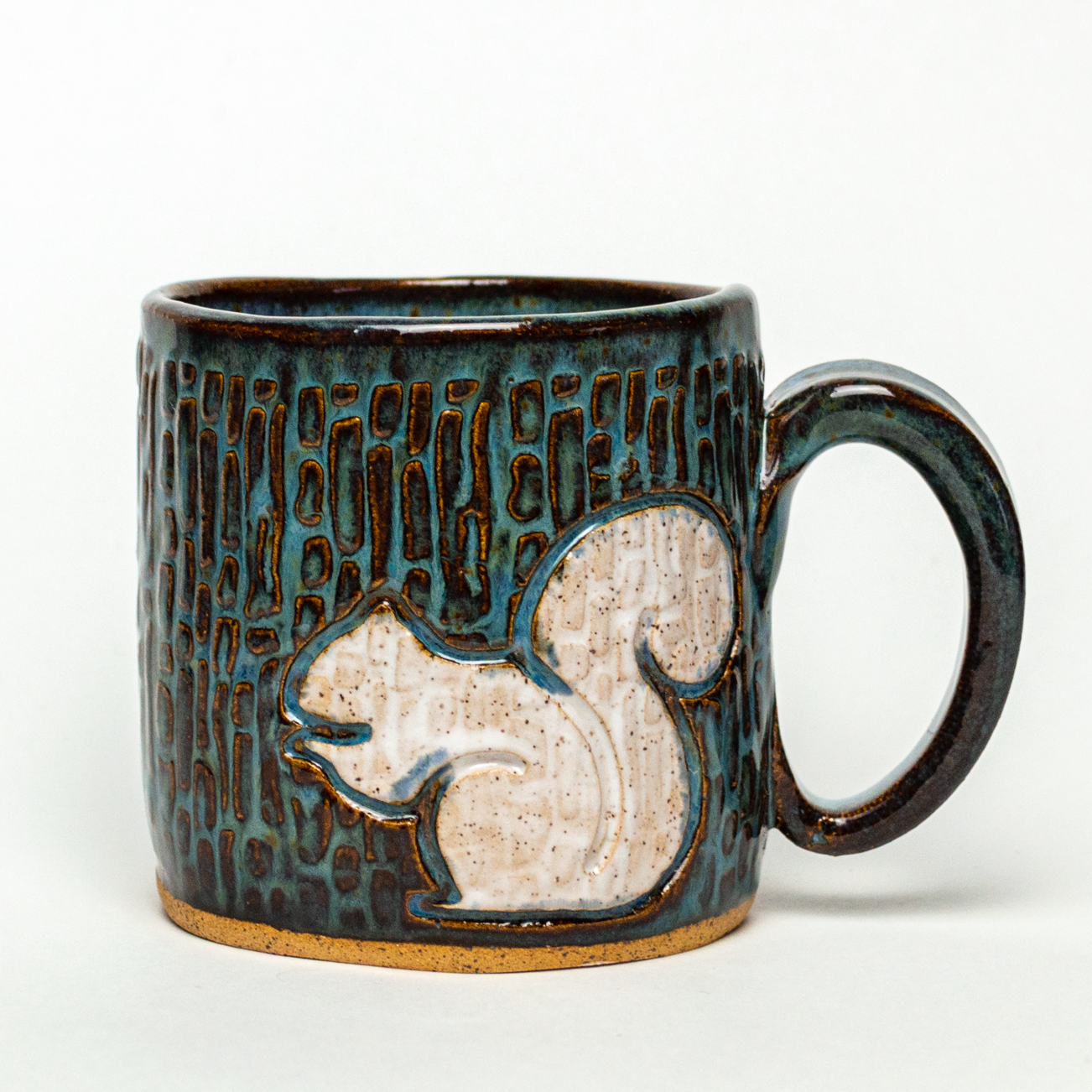 Pottery - White Squirrel Design Handmade in Ohio Ceramic 10oz Blue Mug