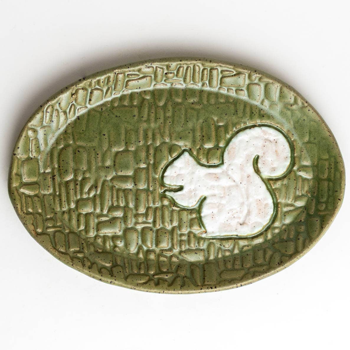 Pottery White Squirrel Handmade Stoneware Green Oval Trinket Dish