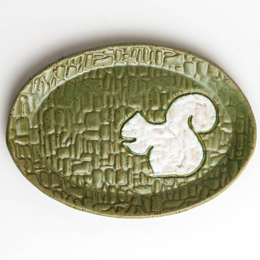 Pottery White Squirrel Handmade Stoneware Green Oval Trinket Dish
