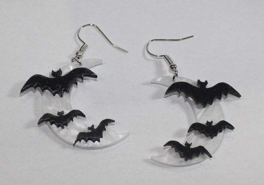 Jewelry - Earrings - 3 Bats on Crescent Moon Dangling Earrings