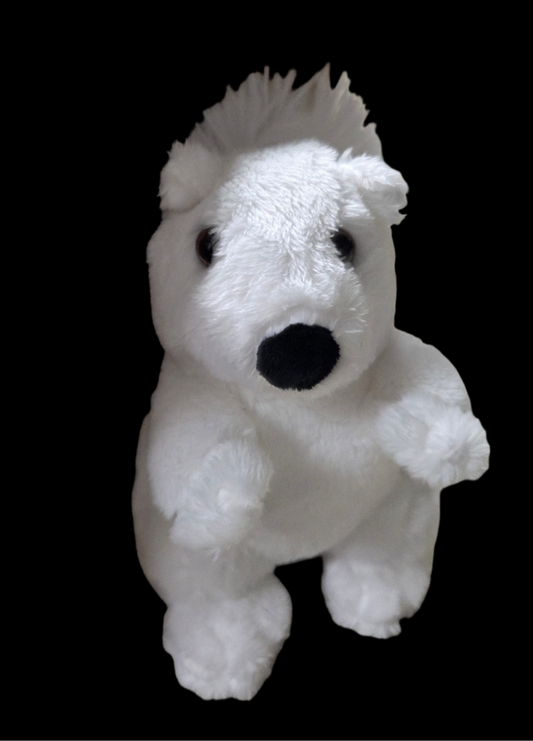 edium white squirrel stuffed animal with black nose and fluffy tail
