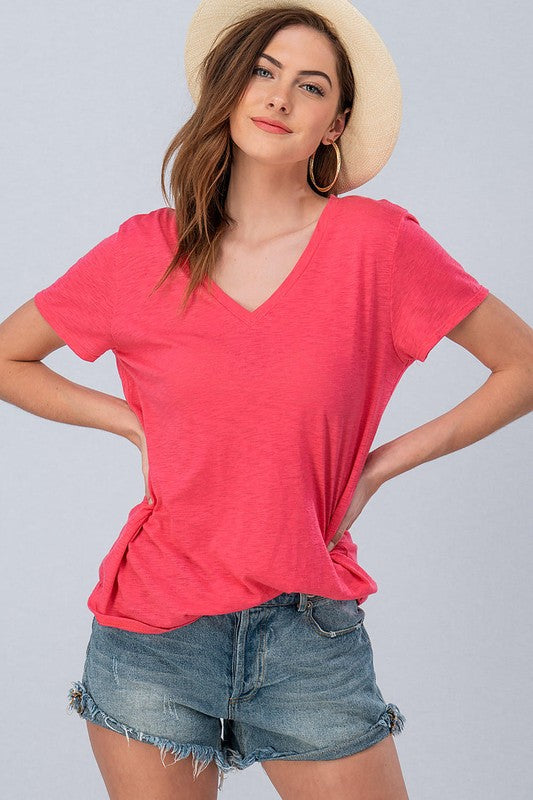 Clothing - Ladies V-Neck  Short Sleeve Tee - 100% Cotton in Candy Pink