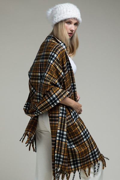 Clothing Accessory - Long Mustard Plaid Scarf with Fringe Accent