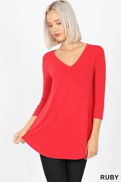 Clothing - V-Neck Top with 3/4 Sleeves and Round Hem