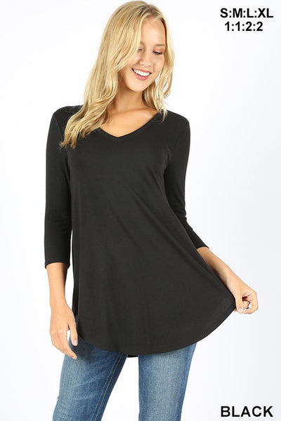 Clothing - V-Neck Top with 3/4 Sleeves and Round Hem