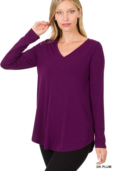Clothing - Ladies Ultra-Soft V-Neck Long Sleeve Top with Rounded Hem