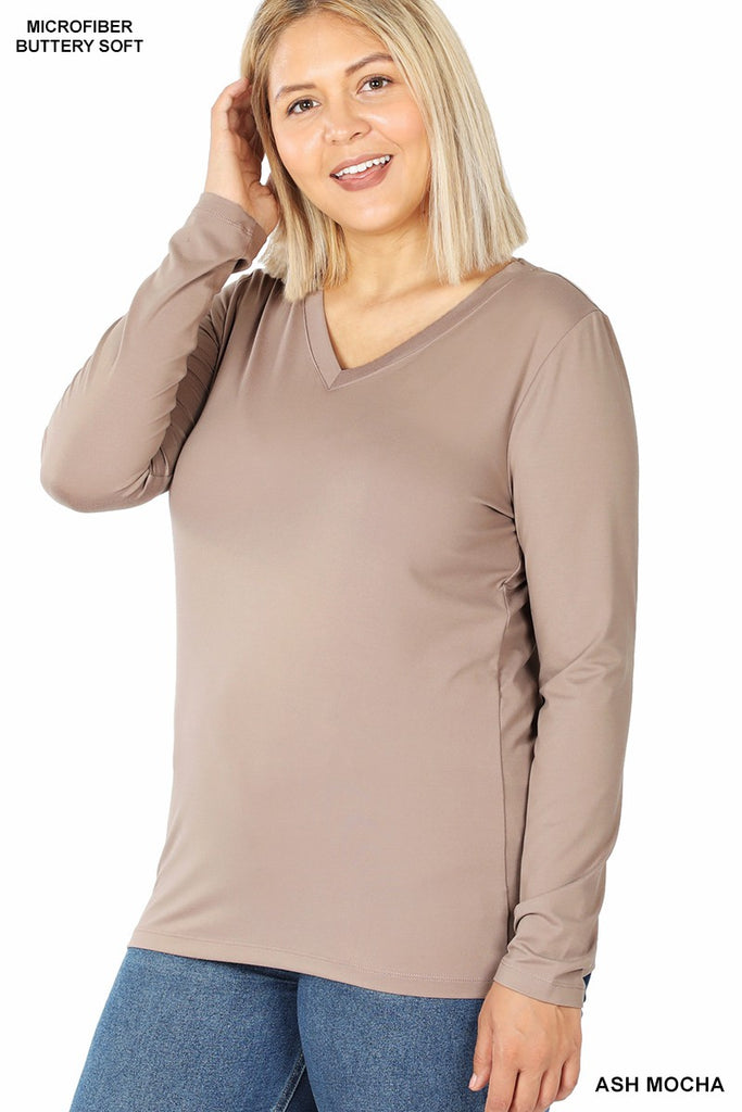 Clothing - Top - For Ladies - Plus Size Brushed Microfiber Long Sleeve V-Neck