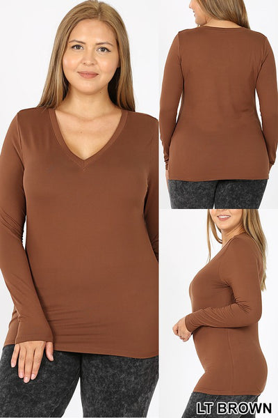 Clothing - Brushed Microfiber Plus Size V-Neck Long Sleeve Tee