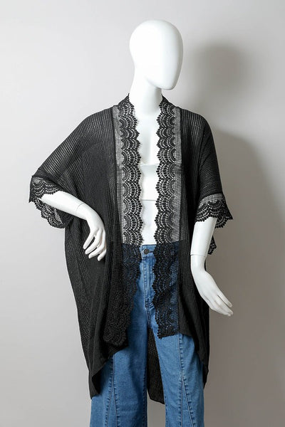 Clothing - Kimono - Black Lightly Textured with Lace Trim