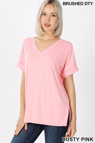 Clothing - V-Neck Tops with Rolled Short Sleeve