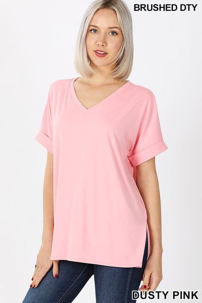 Clothing - Plus V-Neck Tops with Rolled Short Sleeve