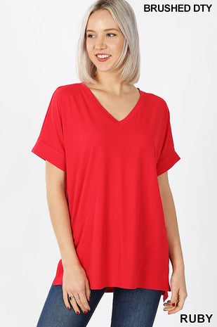 Clothing - Plus V-Neck Tops with Rolled Short Sleeve