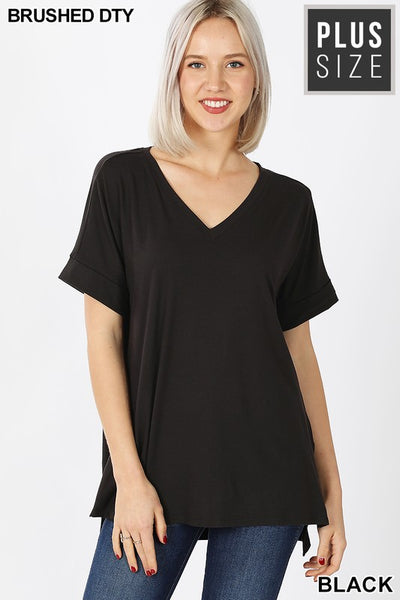 Clothing - Plus V-Neck Tops with Rolled Short Sleeve