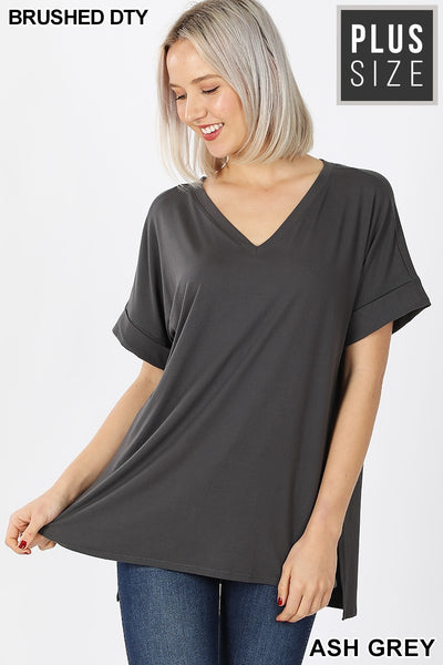 Clothing - Plus V-Neck Tops with Rolled Short Sleeve