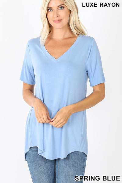 Clothing - Ladies Plus Size Short Sleeve V-Neck Tee with Rounded Hem