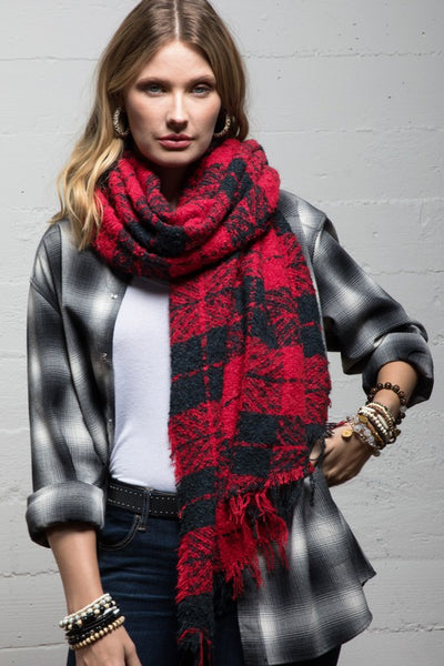 Clothing Accessory - Long Red/Black Brushed Bias Cut Scarf with Fringe Accent